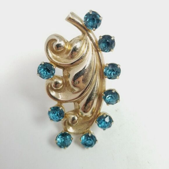 Vintage Barclay Blue Rhinestone and Gold Tone Fur Clip Brooch, 40s Style, Signed - Picture 8 of 8